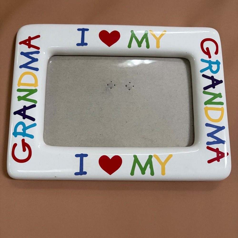 Vintage I Love My Grandma Ceramic Photo Frame 4x6 White Crayon Lettering Retro